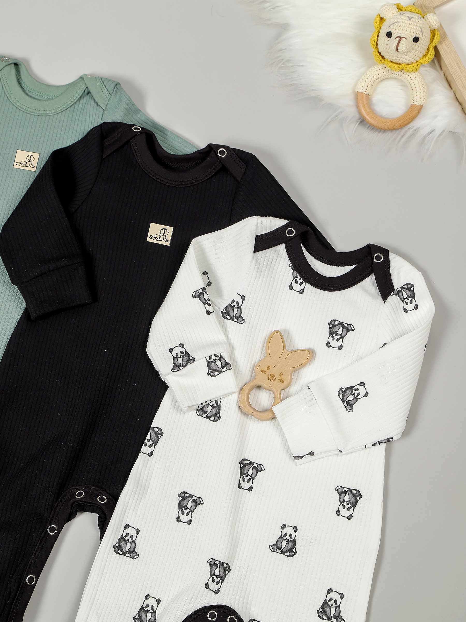 картинка Набор полукомбинезонов лодочка 3 шт. НБПК-ЛД/панды малышки от магазина Одежда+