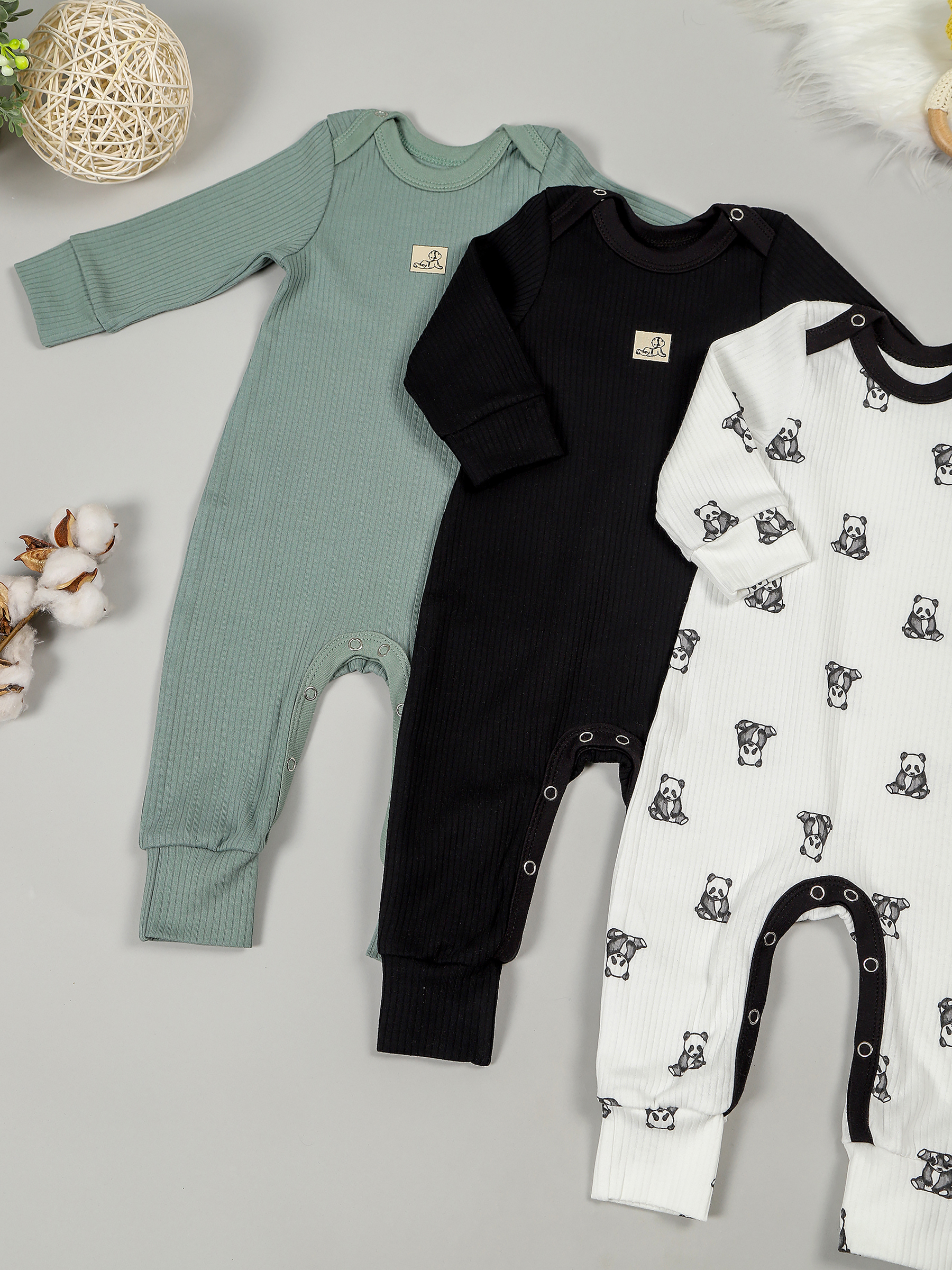 картинка Набор полукомбинезонов лодочка 3 шт. НБПК-ЛД/панды малышки от магазина Одежда+